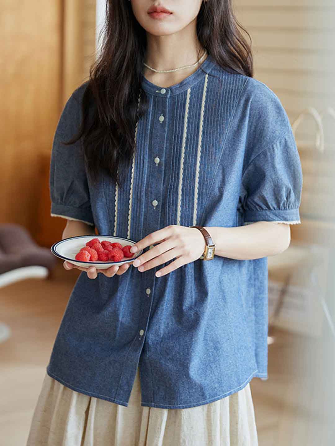 Mariah Loose Crew Neck Puff Sleeve Pleated Shirt