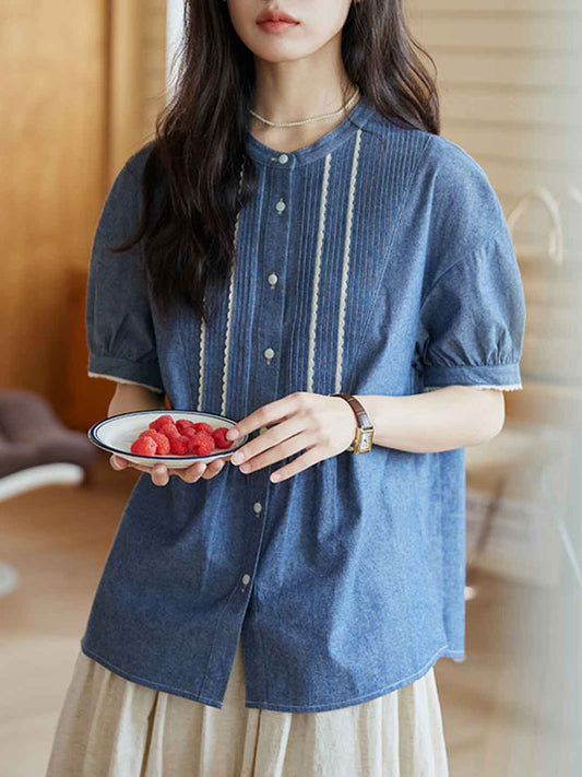 Mariah Loose Crew Neck Puff Sleeve Pleated Shirt