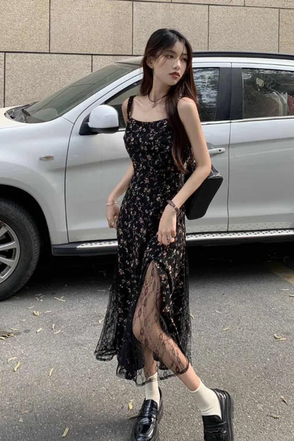 Floral Pattern Mesh Irregular Long Dress