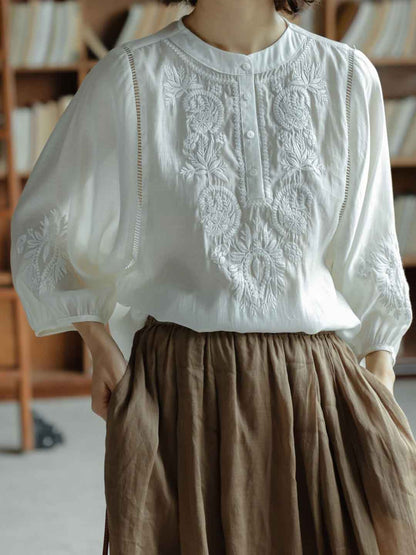 Kylie Vintage Crew Neck Embroidered Top