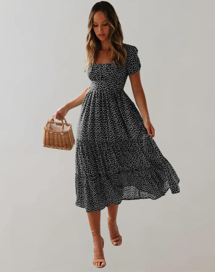 Vestido clásico de verano para mujer con escote cuadrado y estampado floral | Ideal para primavera/verano