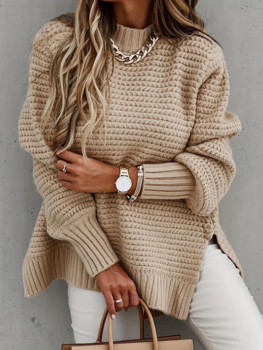 Jersey holgado de cachemira con cuello redondo y aberturas para mujer | Ideal para otoño/invierno