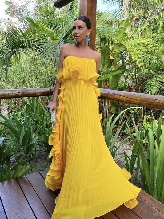 Pleated Strapless Maxi Dress