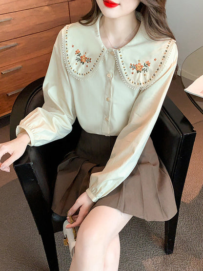 Mia French French Embroidery Doll Collar Shirt