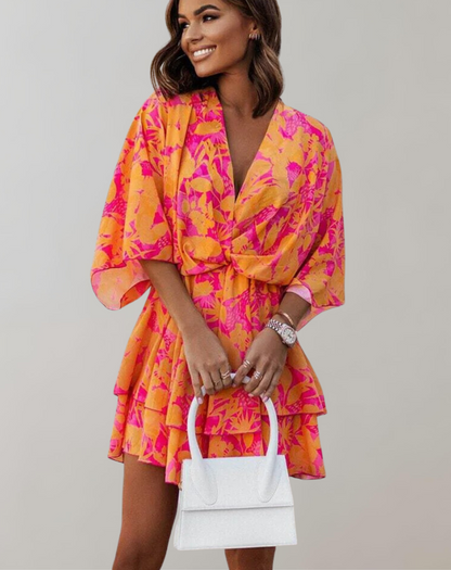 Vestido midi clásico con cuello en V y mangas murciélago para mujer | Ideal para primavera/verano