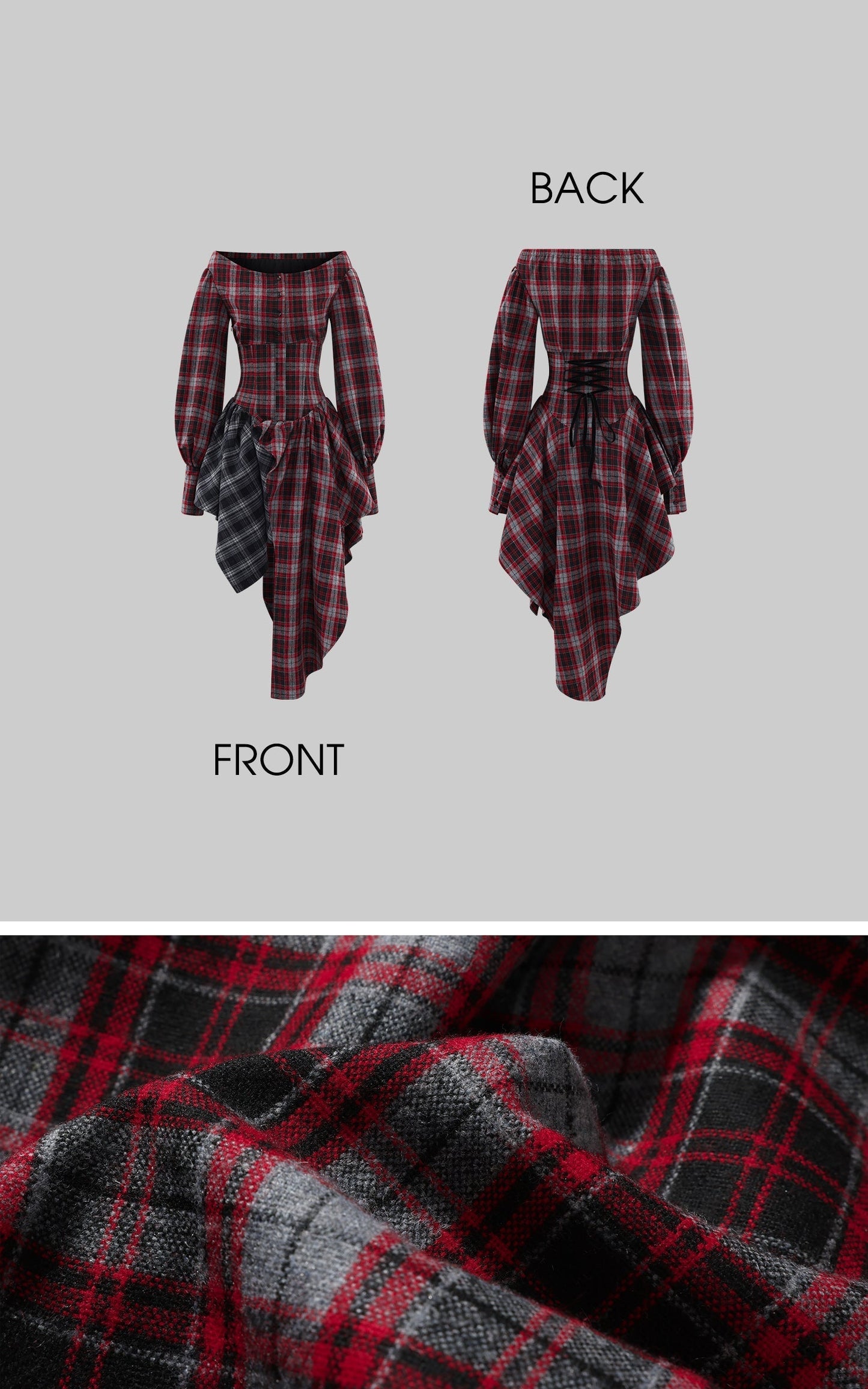 Asymmetric Plaid Off-Shoulder Dress with Draped Panels