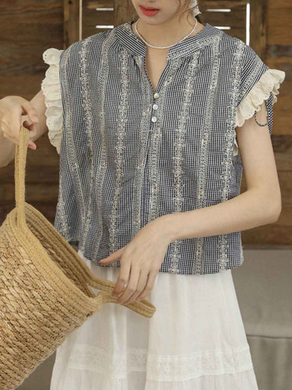 Molly Elegant V-Neck Plaid Patchwork Lace Top