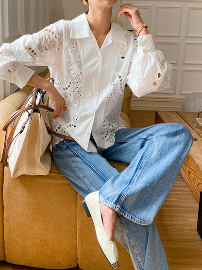 Jocelyn Loose Lapel Lantern Sleeve Embroidered Shirt