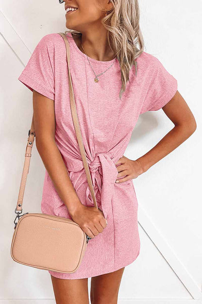Loose Tie Solid Color Short Sleeves Mini Dress(6 Colors)