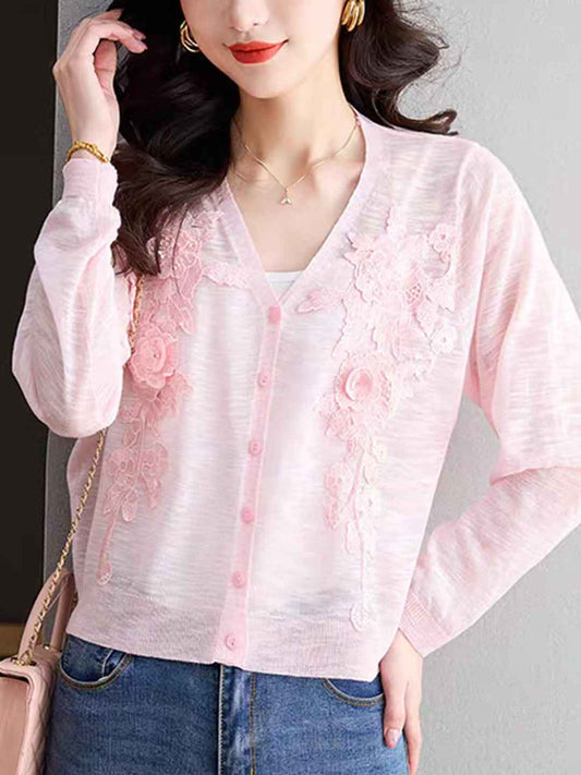 Zoe Elegant V-Neck Hollowed Embroidered Knitted Cardigan