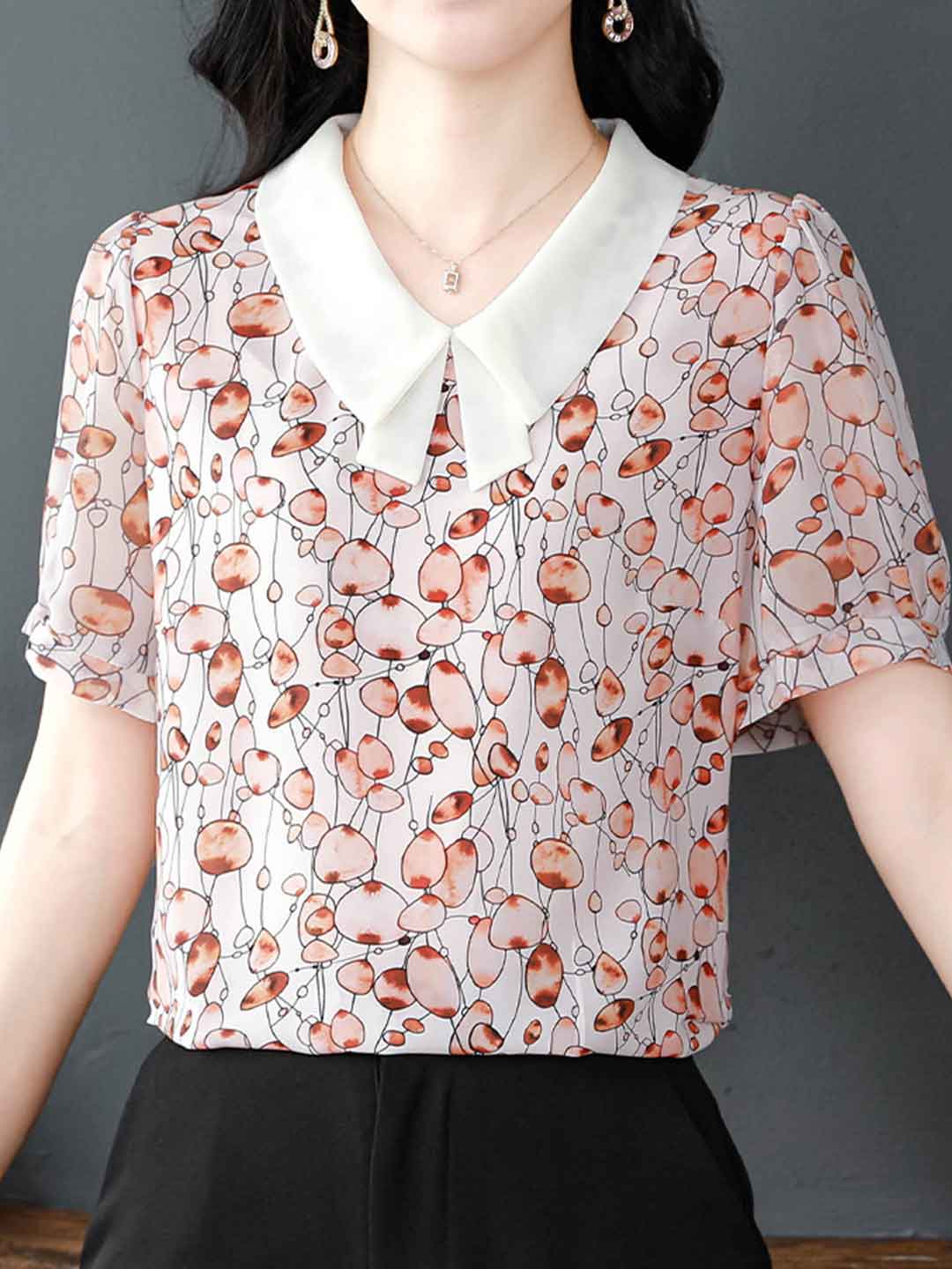Mariah Classic Lapel Floral Printed Chiffon Top