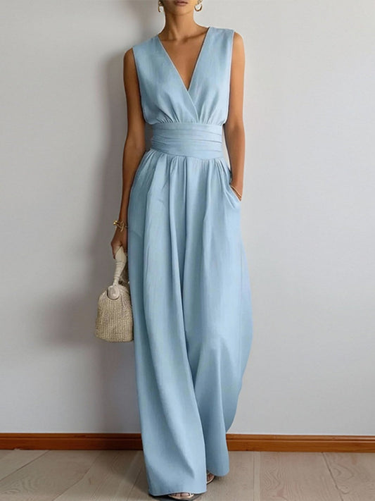 V-neck Waist Wide-leg Pants Sleeveless Temperament Grace Commuting Jumpsuits