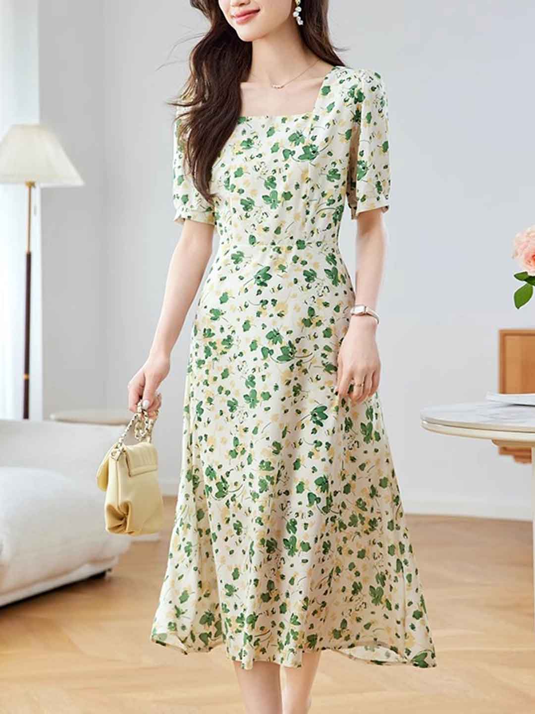Isabelle Classic Square Neck Floral Chiffon Dress