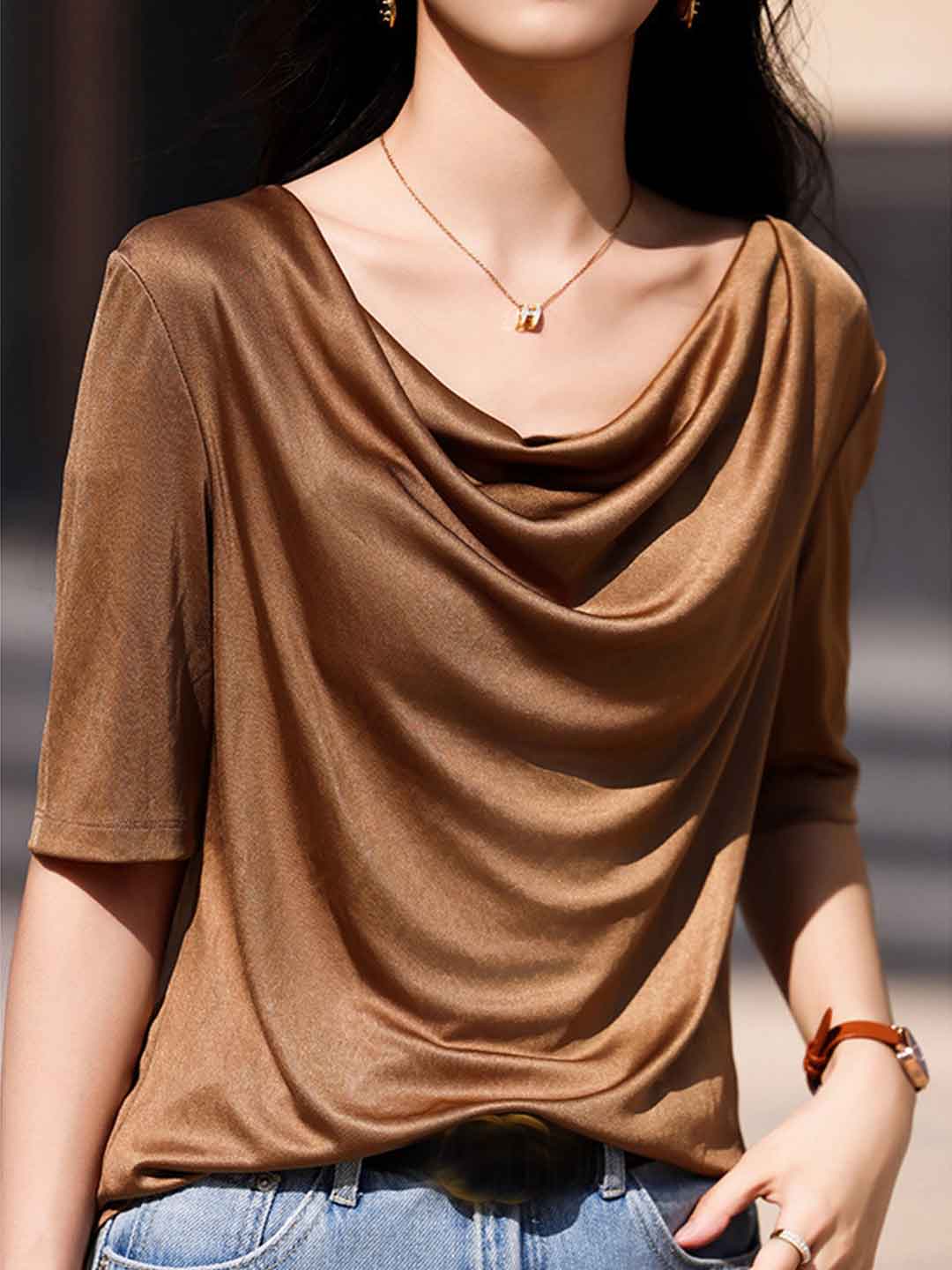 Madison Loose Crew Neck Solid Color Satin Top
