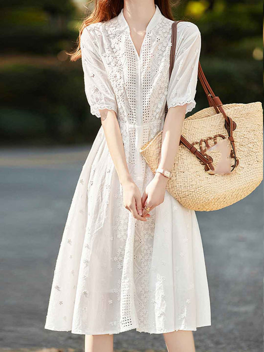 Kayla Classic V-Neck Solid Color Embroidered Dress