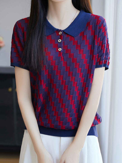 Maria Loose Lapel Jacquard Color-Block Knitted Top