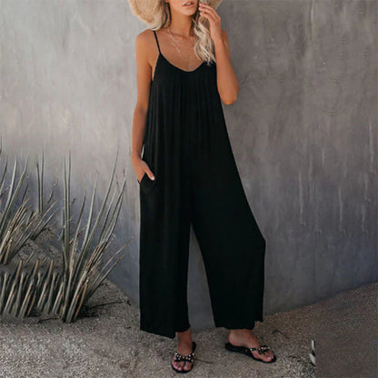 Women's Stretchy V-Neck Sleeveless Summer Jumpsuit with Pockets and Wide Legs | Ideal for Summer