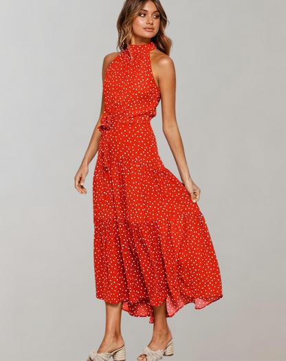 Vestido largo informal con cuello halter y estampado de lunares para mujer | Ideal para primavera/verano