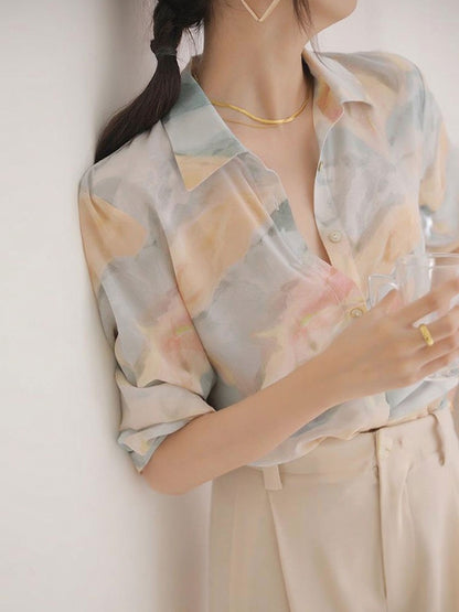 Maria Elegant Lapel Printed Satin Shirt