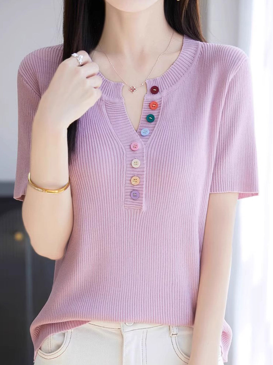 Mariah Loose Color Button Solid Color Top