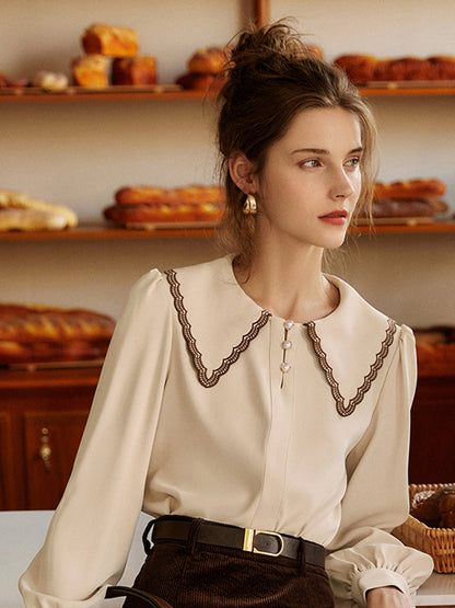 Lauren French Style Embroidered Doll collar Chiffon Blouse