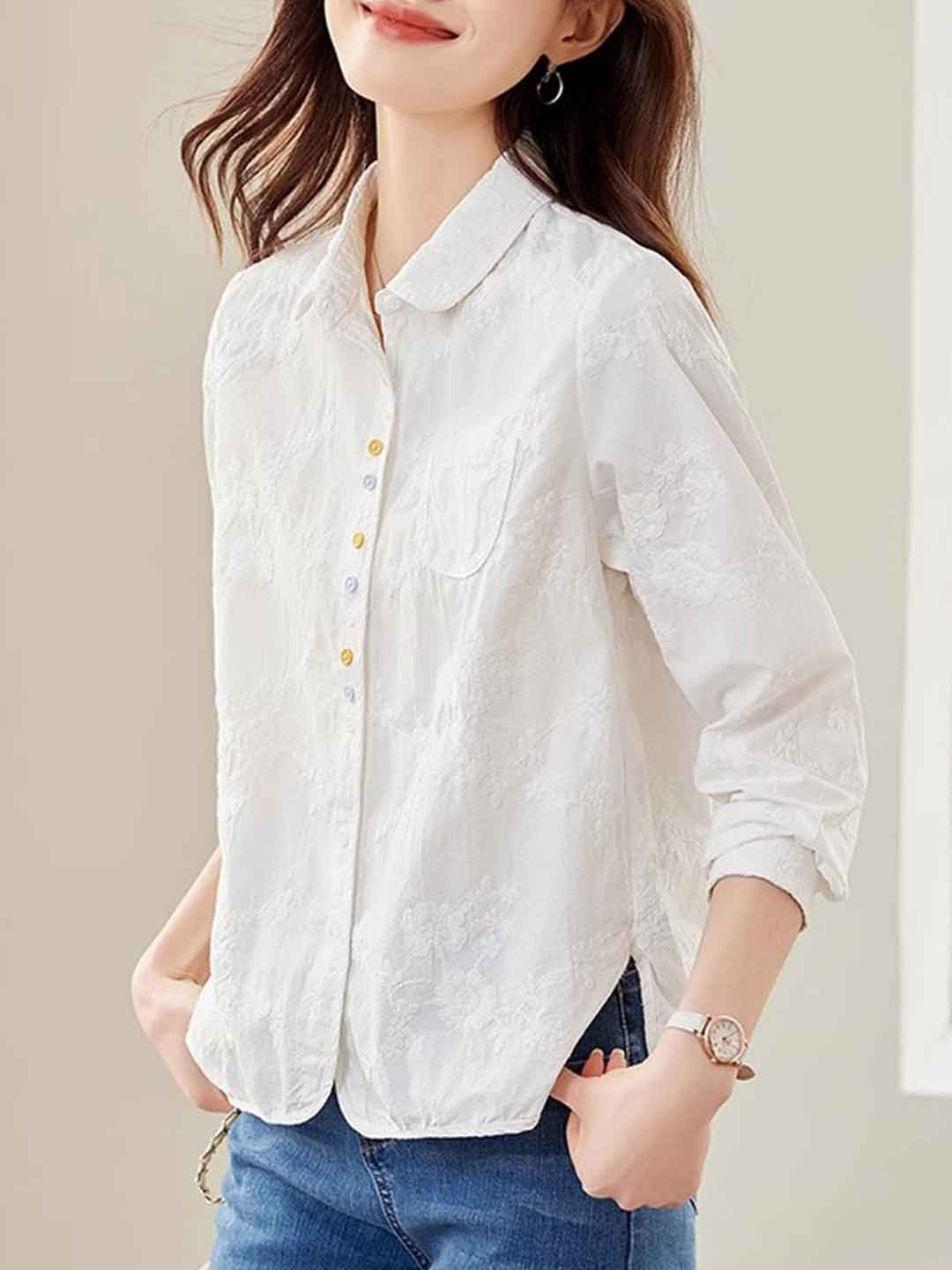 Molly Loose Lapel Solid Color Embroidered Shirt