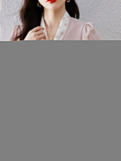 Kaitlyn Classic Printed Bow Satin Shirt-Pink