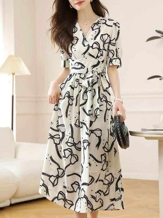Katherine Elegant V-Neck Bow Tie Dress