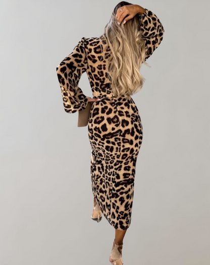 Vestido informal de leopardo con escote en V y abertura frontal para mujer | Ideal para primavera/verano