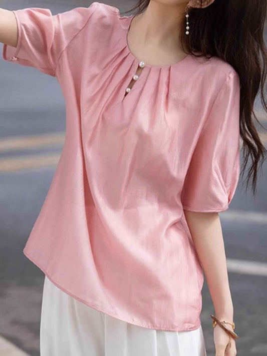 Khloe Loose Crew Neck Lantern Sleeve Pearl Pleated Top