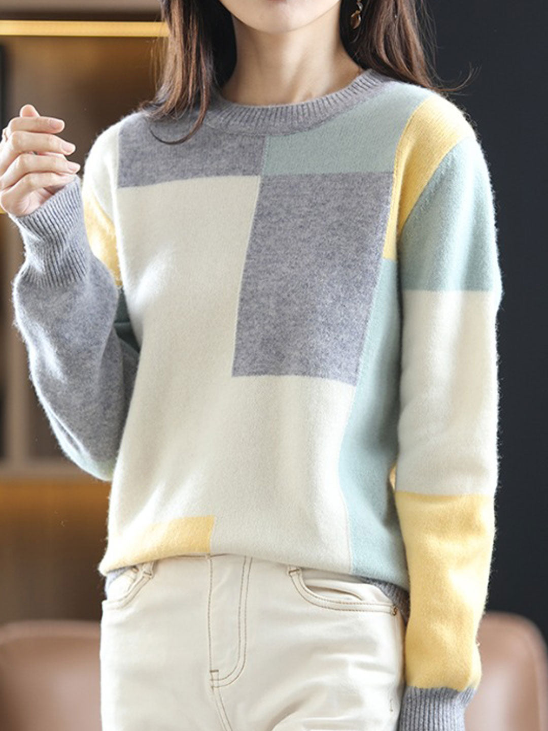 Maya Loose Crew Neck Contrast Knitted Sweater