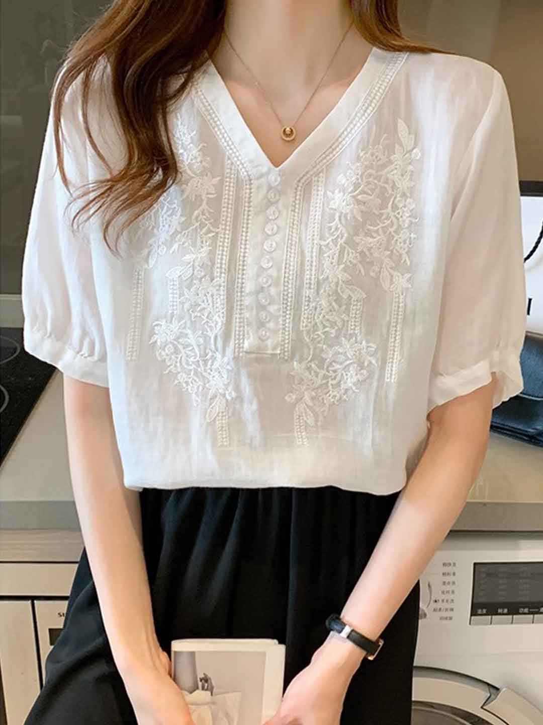 Layla Retro V-Neck Embroidered Top