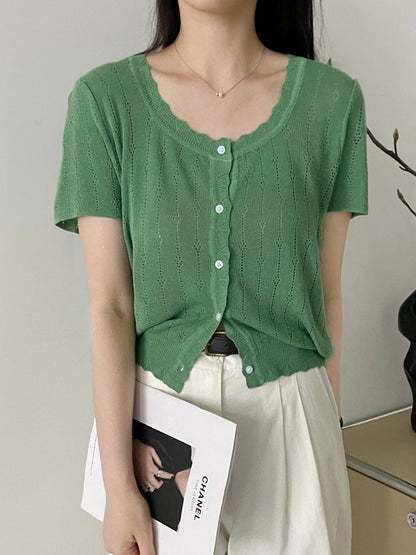 Madison Vacation Crew Neck Hollowed Jacquard Knitted Top