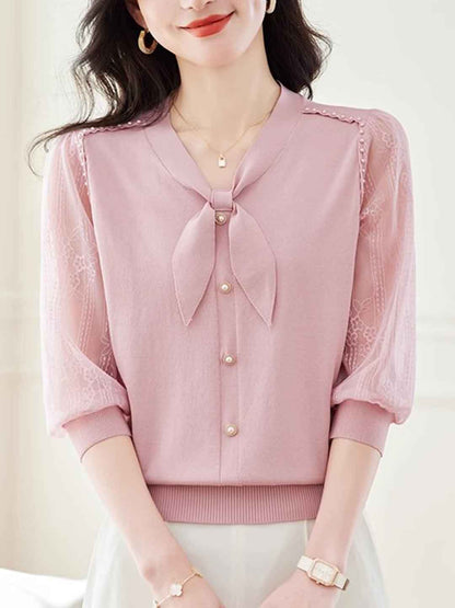 Lillian Loose V-Neck Puff Sleeve Bow Lace Knitted Top