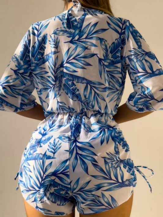 Leaf Print Waist-cinching Tie Long-sleeved Sun Protection Bikini Three-Piece Set