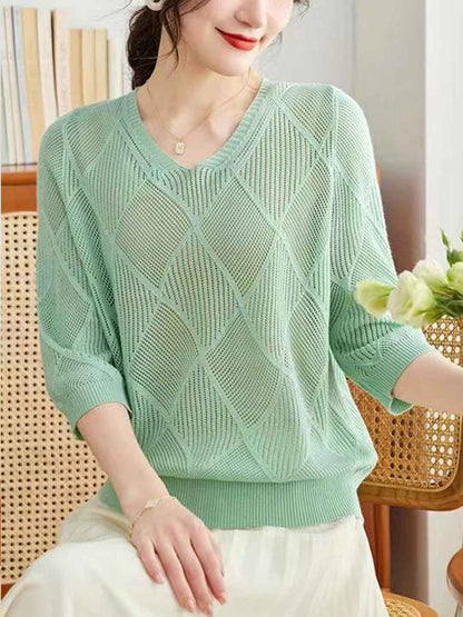 Sarah Loose V-Neck Hollowed Knitted Top