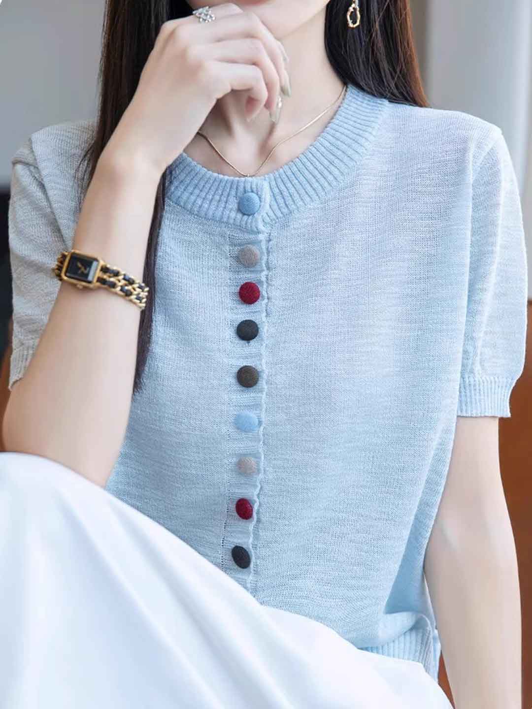 Mariah Loose Crew Neck Colorful Buttons Knitted Top