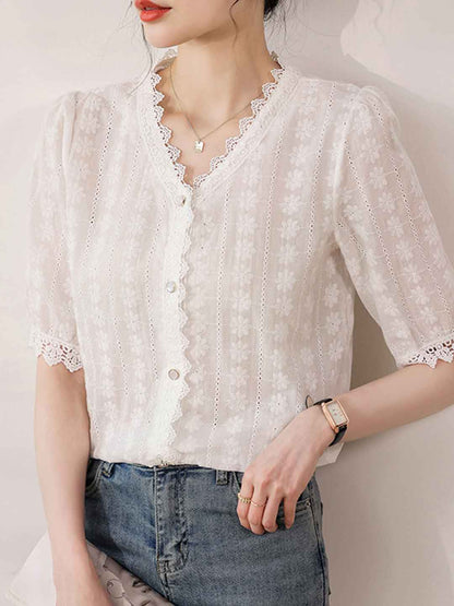 Molly Slim V-Neck Solid Color Lace Top