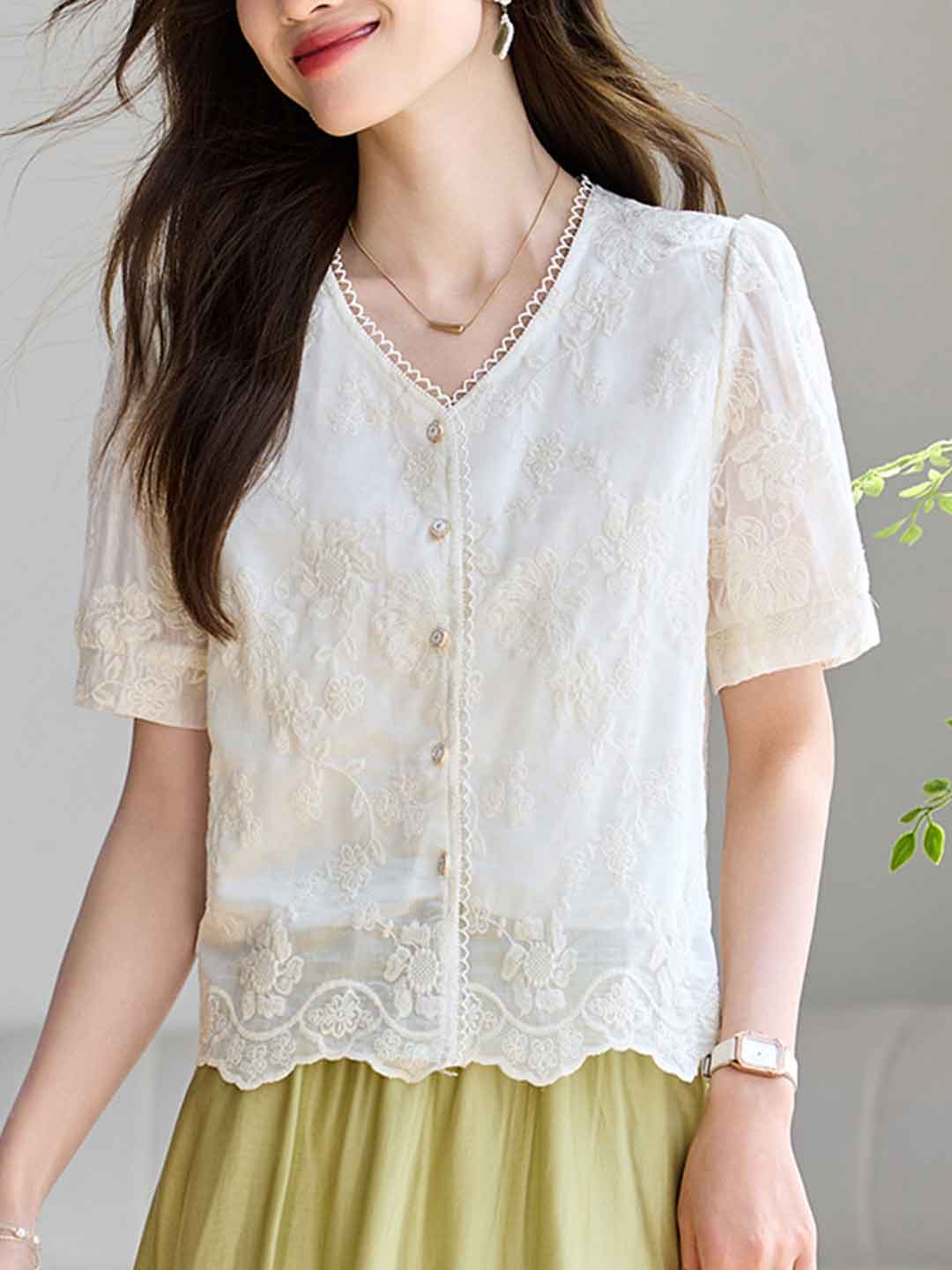 Jocelyn Retro V-Neck Patchwork Embroidered Top