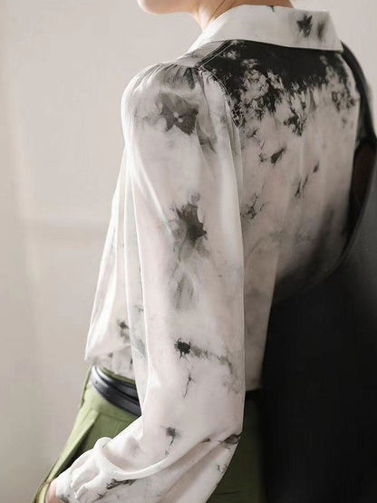 Jessica Retro Polo Collar Puff Sleeve Printed Shirt