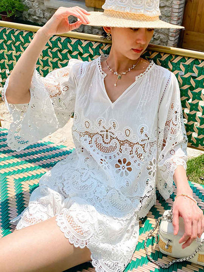 Morgan Vacation V-Neck Flare Sleeve Embroidered Lace Top