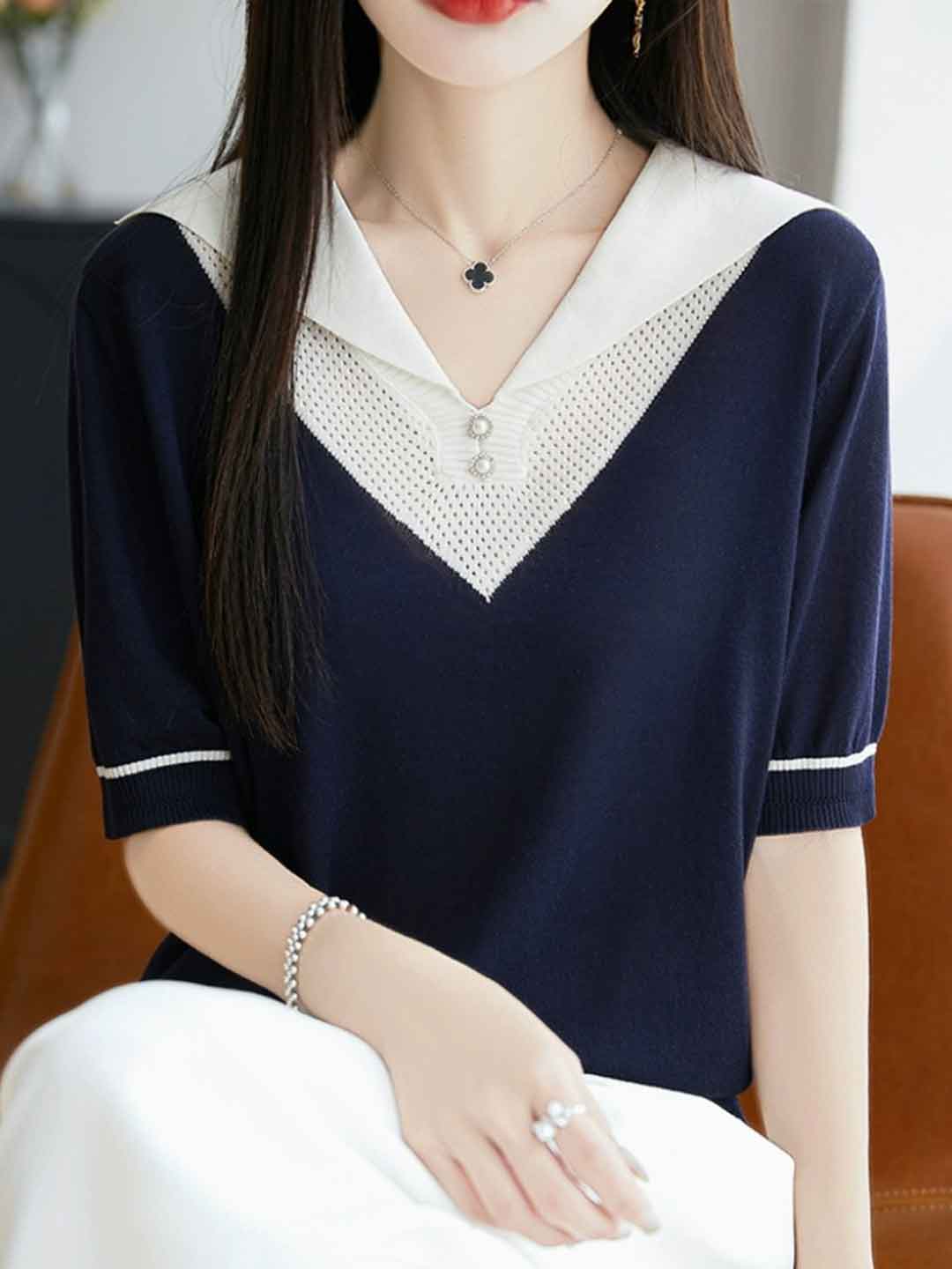 Molly Classic V-neck Contrast Color Knitted Top