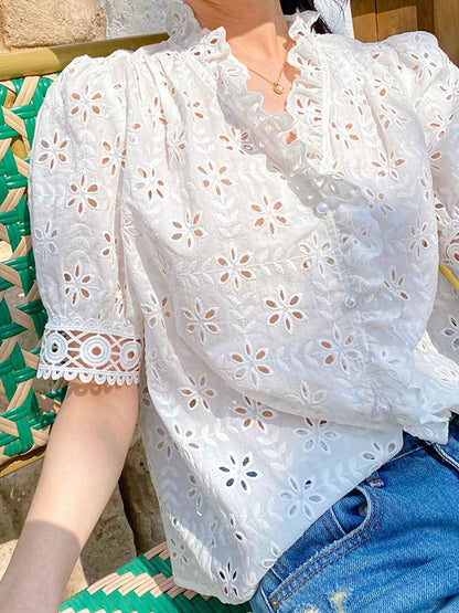 Julia Elegant V-Neck Puff Sleeve Embroidered Top