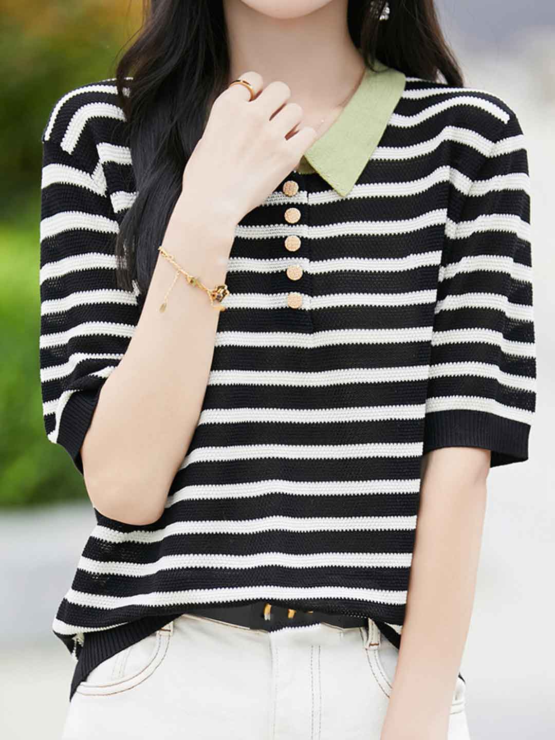 Julia Classic Polo Collar Striped Knitted Top