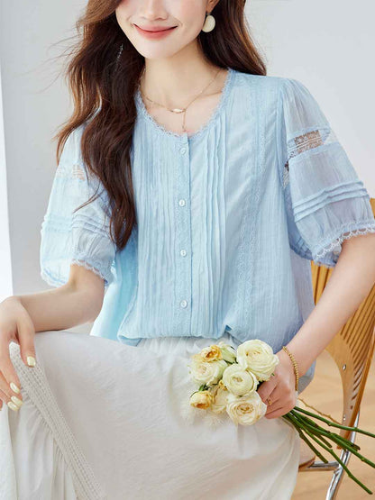 Paige Loose Crew Neck Lace Hollowed Blouse