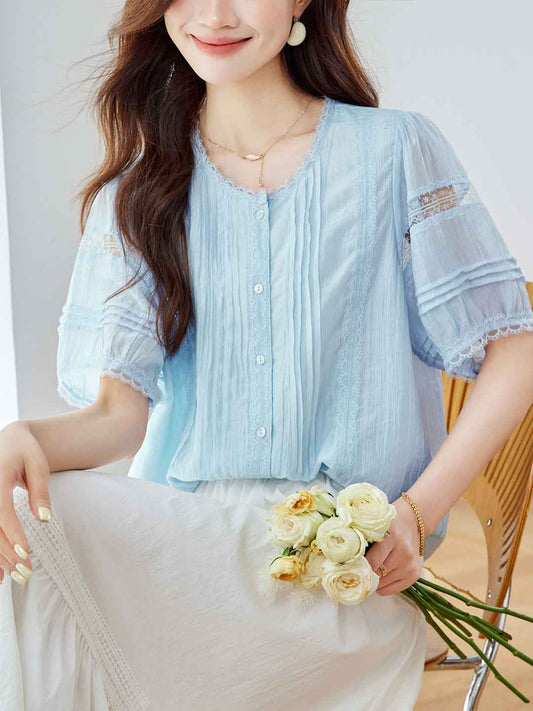 Paige Loose Crew Neck Lace Hollowed Blouse