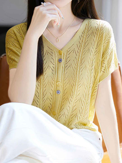 Mariah Elegant V-Neck Solid Color Jacquard Hollowed Cardigan
