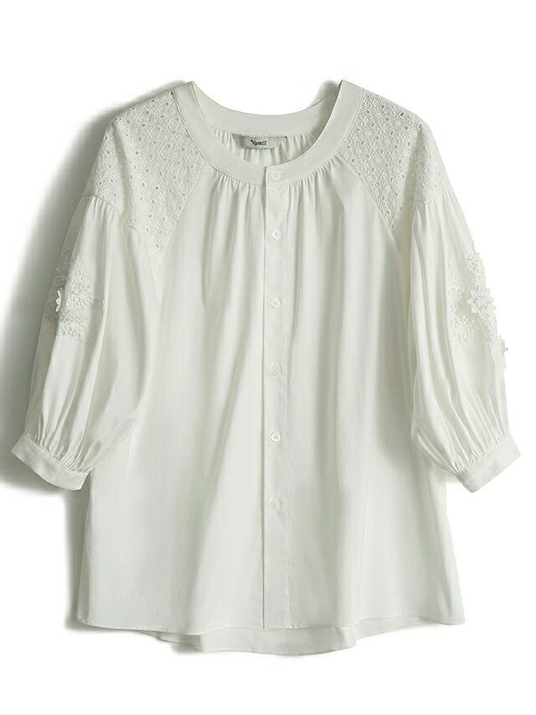 Zoey Classic Crew Neck Lantern Sleeve Embroidered Top