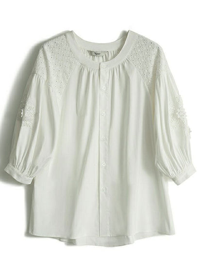 Zoey Classic Crew Neck Lantern Sleeve Embroidered Top