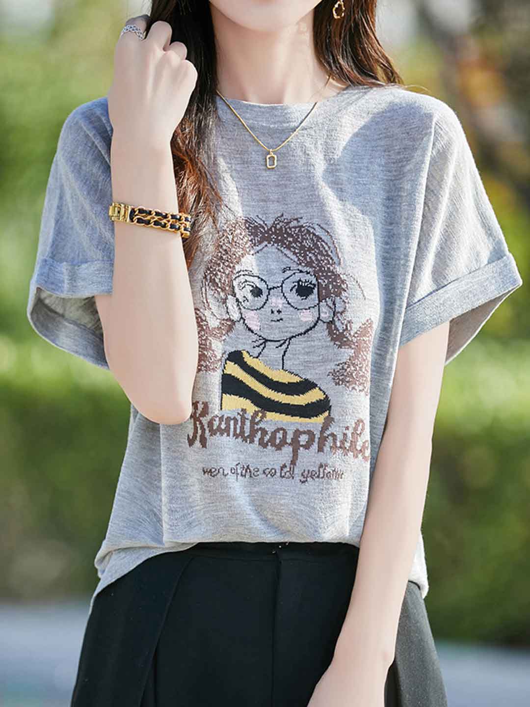 Maria Casual Crew Neck Solid Color Printed Top